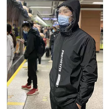 【AMHOME】防疫隔離男女輕便防飛沫可拆卸防疫素面防曬風衣外套#109573- M 黑(印花)