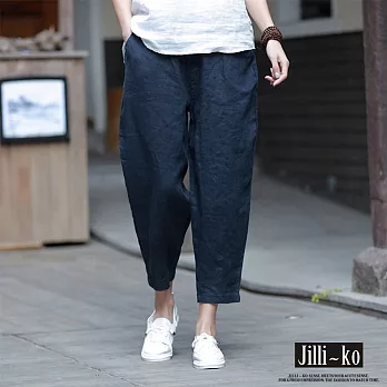 【Jilli~ko】文藝棉麻感休閒蘿蔔九分褲 J8203　 FREE 深藍色