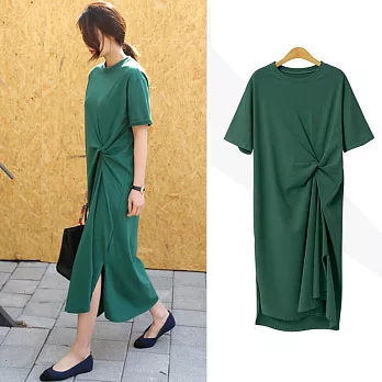 【MsMore】法國休閒寬鬆皺褶設計棉T洋裝#110538- L 綠