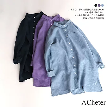 【ACheter】小清新純色Polo領口袋單排寬鬆大碼襯衫#110885- L 藍