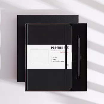 PAPERIDEAS 精美禮盒組 A5子彈筆記本 頁碼硬面綁帶筆記本 與成功有約的子彈筆記術 石磨灰-黑色