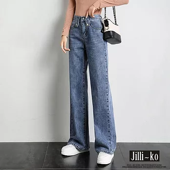 【Jilli~ko】鬆緊高腰直筒牛仔褲 M-XL J8538　 L 淺藍色