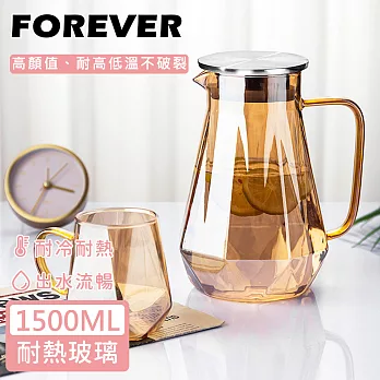 【日本FOREVER】耐熱玻璃時尚鑽石紋不鏽鋼把手水壺1500ML _玫瑰金