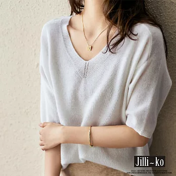 【Jilli~ko】寬鬆慵懶風上衣V領薄款大碼打底半袖毛衣針織衫 J8731　 FREE 白色