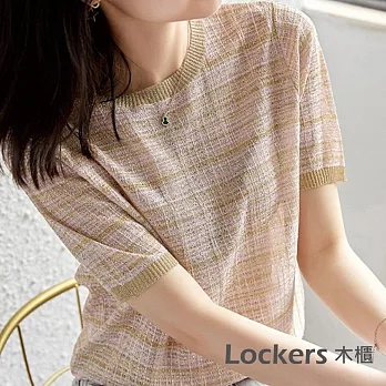 【Lockers 木櫃】春夏格子修身針織上衣 L111040604 FREE 粉杏