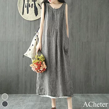 【ACheter】 京都條紋棉麻文藝大碼寬鬆背心洋裝# 112255 M 灰色
