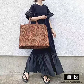 【Jilli~ko】夏季新款日系泡泡袖荷葉邊黑色氣質顯瘦連衣裙 E0012　 FREE 黑色