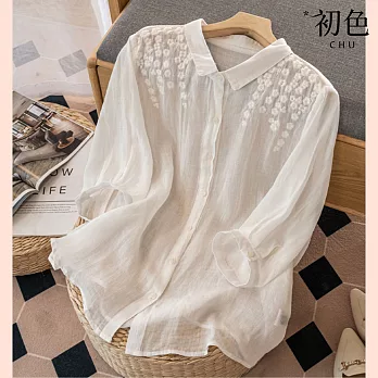 【初色】中大碼寬版刺繡五分袖棉麻風襯衫-共4色-62190(M-2XL可選) 2XL 白色