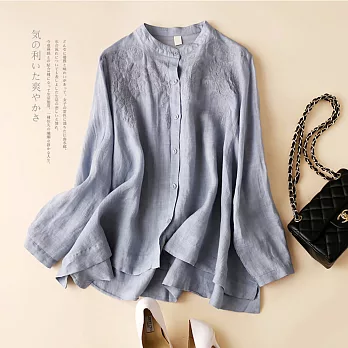 【慢。生活】復古文藝棉麻大碼寬鬆圓領刺繡襯衫 2202  FREE 藍色