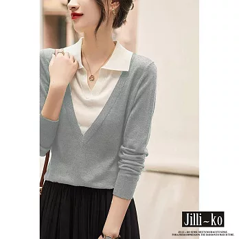 【Jilli~ko】假兩件簡約百搭小V翻領撞色針織衫 J9794  FREE 灰色