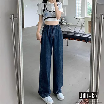 【Jilli~ko】韓版高腰顯瘦牛仔闊腿直筒拖地褲 L-XL J9917  L 深藍色