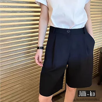 【Jilli~ko】時尚高腰中線褶皺西裝五分短褲 M-XL J10153  L 黑色