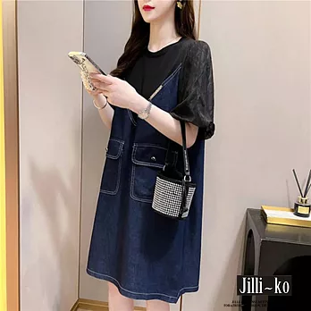 【Jilli~ko】假兩件拼接口袋牛仔連衣裙 J10223  FREE 黑色