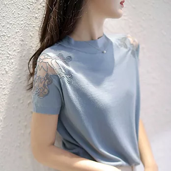 【Jilli~ko】時尚網紗刺繡小圓領冰絲針織衫 J10179  FREE 藍色
