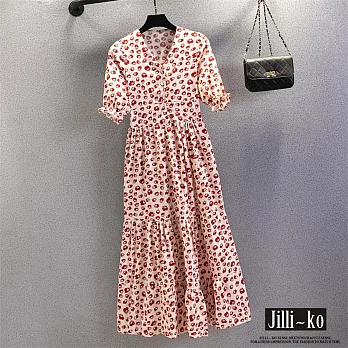 【Jilli~ko】V領棉花圖案包扣泡泡袖高腰連衣裙 J10362  FREE 紅色