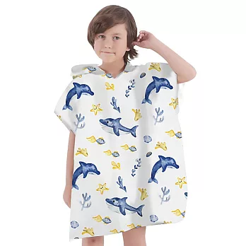 【EZlife】兒童印花速乾吸水換衣連帽浴巾衣 小藍海豚