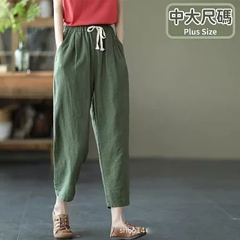 【慢。生活】文藝復古鬆緊腰繫帶休閒棉麻褲 2245  FREE 綠色