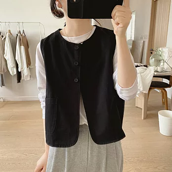 【ACheter】 森女純色文藝寬鬆顯瘦圓領棉質無袖背心外罩上衣# 117072 L 黑色