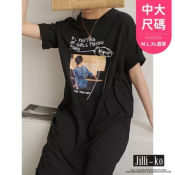 【Jilli~ko】INS網紅休閒印花短袖長款連衣裙 J10677  FREE 黑色