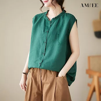 【AMIEE】甜美木耳邊無袖襯衫(3色/M-2XL/KDTY-916) 2XL 綠色