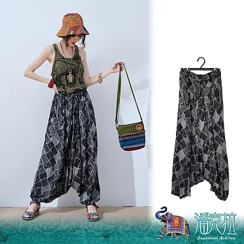潘克拉 | 不規則傳統圖紋鬆緊腰中性款縲縈飛鼠褲 TM1500-7  FREE 黑色