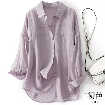 【初色】翻領透氣寬鬆素色長袖襯衫上衣-共3色-68544(M-2XL可選) XL 紫色