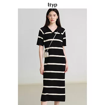 ltyp旅途原品 真絲亞麻棉休閒V字翻領條紋針織連衣裙 M L-XL  M 杏黑條紋