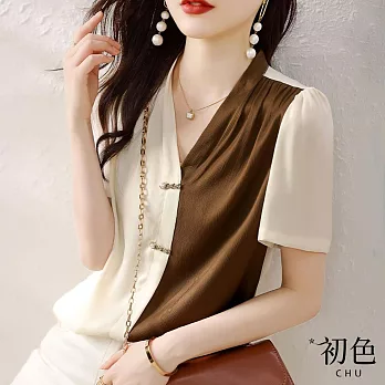 【初色】V領撞色拼接珍珠扣襯衫短袖上衣-米咖色-68767(M-2XL可選) M 米咖色