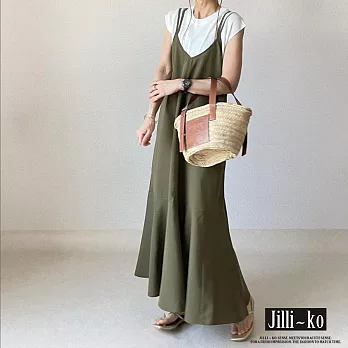 【Jilli~ko】日系顯瘦寬鬆長款大擺魚尾吊帶裙 J10856  FREE 綠色