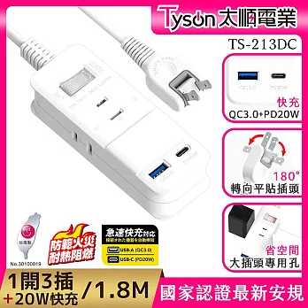 Tyson太順電業 213DC PD快充20W延長線(2孔1切3座+PD+QC3.0) 1.8M