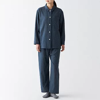 【MUJI 無印良品】女有機棉無側縫二重紗織家居睡衣 S 深藍紋樣