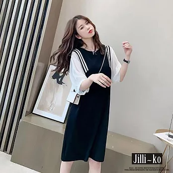 【Jilli~ko】假兩件拼接寬鬆顯瘦連袖連衣裙 J10715  FREE 黑色