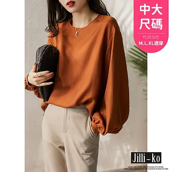 【Jilli~ko】圓領光澤絲質感氣質燈籠袖上衣 J10935  FREE 咖色