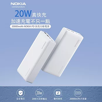 【Nokia 諾基亞】PD20000mAh 20W 3孔輸出雙向快充行動電源(P6203-2)