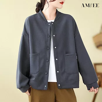 【AMIEE】經典休閒圓領排扣衛衣外套(4色/M-XL/KDCQ-2336) M 灰色