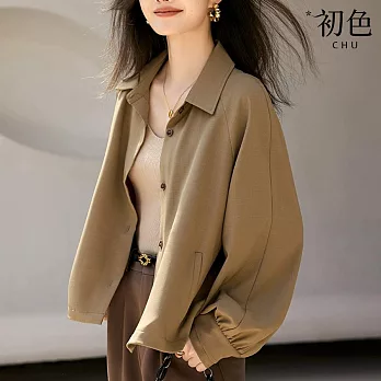 【初色】秋季翻領素色寬鬆襯衫長袖上衣-棕色-30438(M-2XL可選) M 棕色