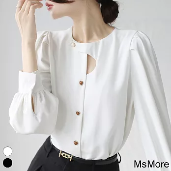 【MsMore】 法式小眾復古鏤空襯衫不規則設計感圓領泡泡長袖短版上衣# 119645 2XL 白色