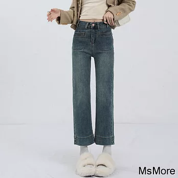 【MsMore】 美式復古直筒牛仔褲高腰小個子九分窄版闊腿煙管長褲# 119704 M 深藍色