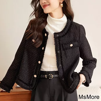 【MsMore】 復古圓領黑色貴族氣質小香風外套復古長袖氣質短版# 119831 XL 黑色