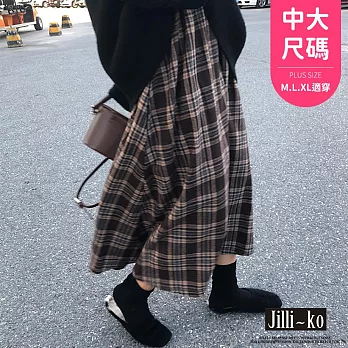 【Jilli~ko】韓風時尚百搭美拉德格子半身裙中大尺碼 J10985  FREE 咖色