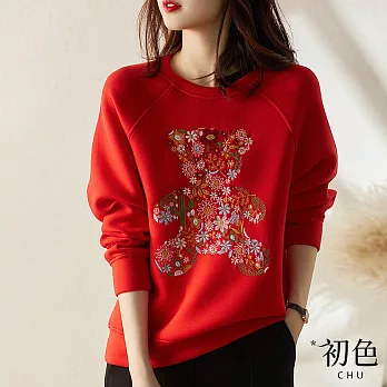 【初色】熊熊刺繡繡花長袖T恤上衣-共4色-64640(M-2XL可選) XL 紅色