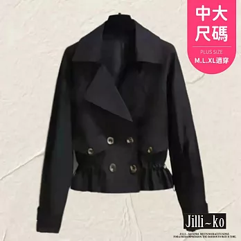 【Jilli~ko】雙排扣翻領抽繩收腰短款風衣外套中大尺碼 J11123  FREE 黑色