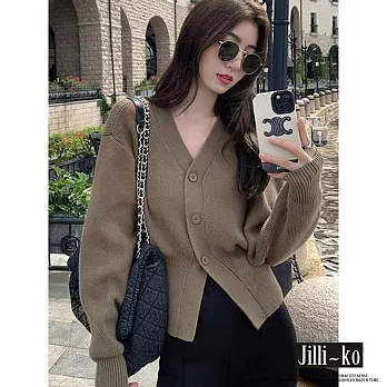 【Jilli~ko】V領時尚短款開扣針織衫 J11135  FREE 深卡