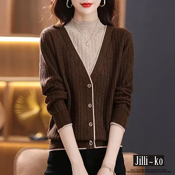【Jilli~ko】假兩件半高領針織女氣質拼色毛衣 J11177  FREE 咖色