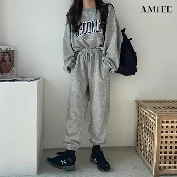 【AMIEE】韓系美式棉質休閒運動2件套裝(4色/M-3XL/KDAQ-809) M 深灰