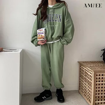 【AMIEE】韓系美式棉質休閒帽T2件套裝(5色/M-3XL/KDAQ-0178) 3XL 綠色