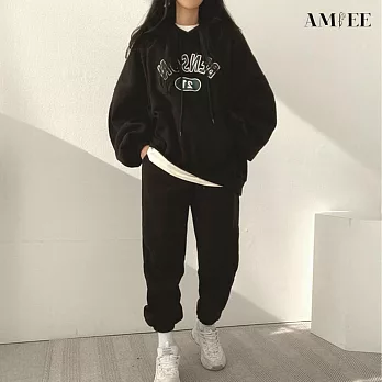 【AMIEE】韓系字母棉質休閒帽T2件套裝(3色/M-2XL/KDAQ-015) L 黑色