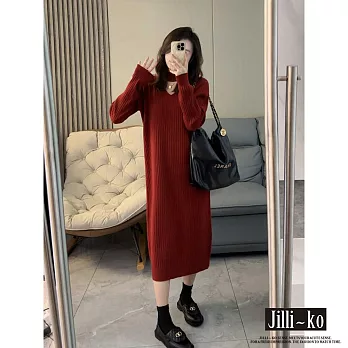 【Jilli~ko】高級感頸帶V領連衣裙氣質百搭針織毛衣裙子 J11228  FREE 紅色