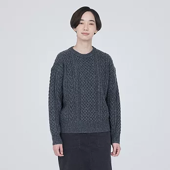 【MUJI 無印良品】女美麗諾羊毛麻花織紋圓領針織衫 M 墨灰