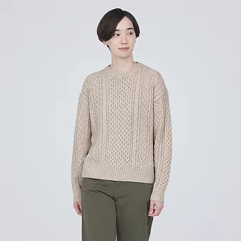 【MUJI 無印良品】女美麗諾羊毛麻花織紋圓領針織衫 M 粉米